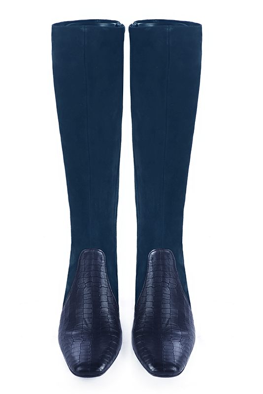 Navy blue women's feminine knee-high boots. Square toe. Medium block heels. Made to measure. Top view - Florence KOOIJMAN